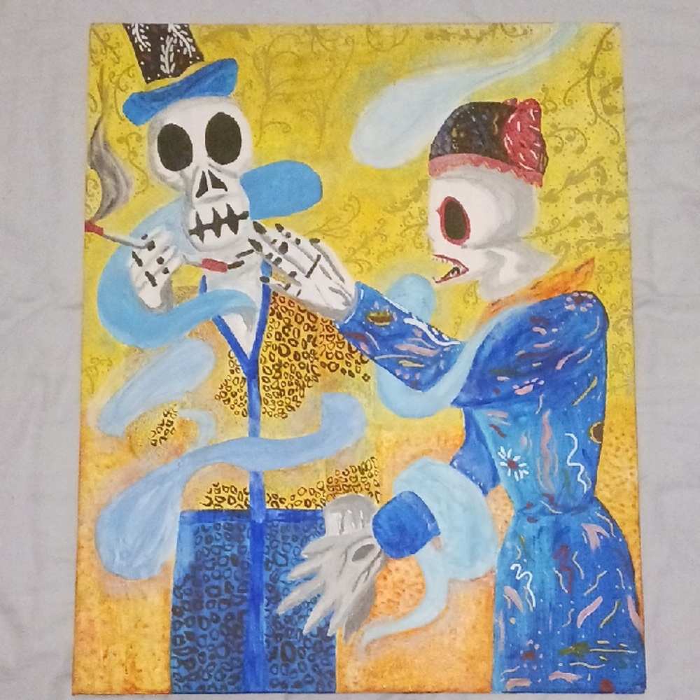 Whimsical Blue and Yellow Skeleton Painting